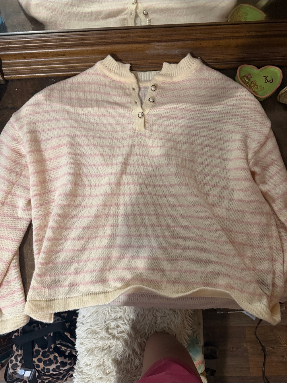 SHEIN Cream and Soft Pink Striped Henley Sweater with pearl buttons.